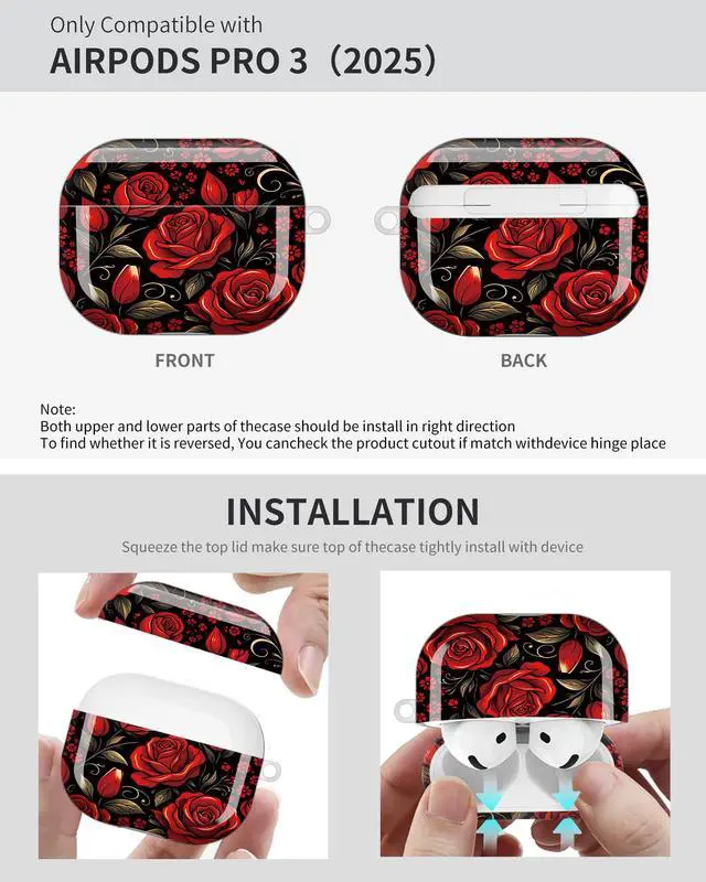 Alt view image 6 of 6 - Compatible with Airpod Pro 3rd Gen Case 2025,Anti-Drop Cover with Keychain,Artistic Multi-Pattern Protective Shell for Daily Commute,Workout&Gifting(Red Roses Black Background Floral)