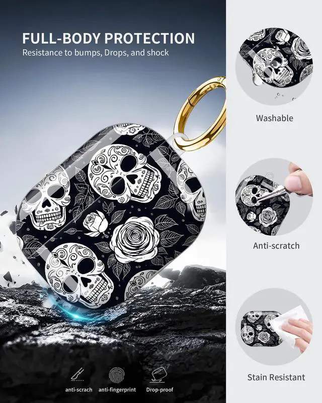 Alt view image 5 of 6 - Compatible with Airpod Pro 3rd Gen Case 2025,Anti-Drop Cover with Keychain,Artistic Multi-Pattern Protective Shell for Daily Commute,Workout&Gifting(Skull and Rose)