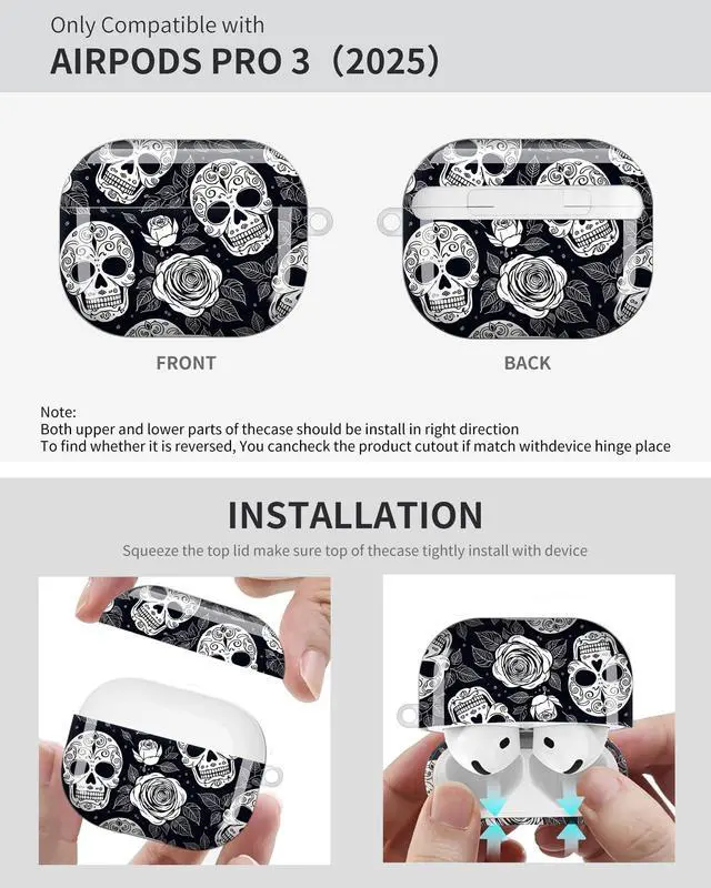 Alt view image 6 of 6 - Compatible with Airpod Pro 3rd Gen Case 2025,Anti-Drop Cover with Keychain,Artistic Multi-Pattern Protective Shell for Daily Commute,Workout&Gifting(Skull and Rose)