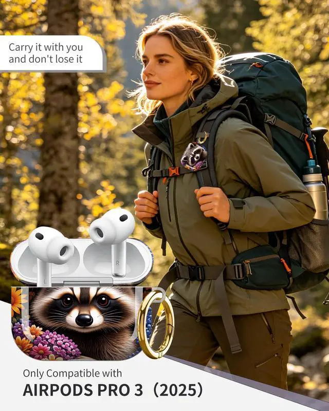 Alt view image 2 of 6 - Compatible with Airpod Pro 3rd Gen Case 2025,Anti-Drop Cover with Keychain,Artistic Multi-Pattern Protective Shell for Daily Commute,Workout&Gifting(Raccoon Floral Autumn Berries Leaves)