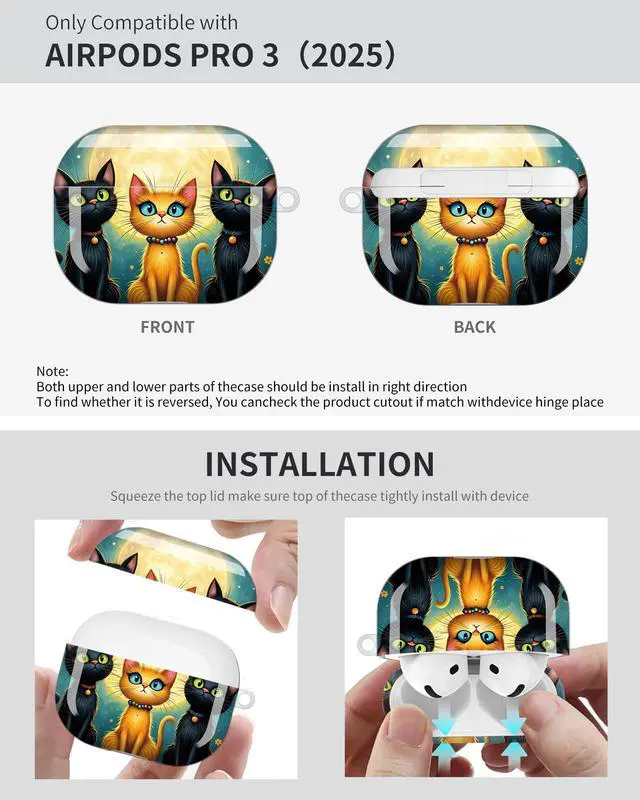 Alt view image 6 of 6 - Compatible with Airpod Pro 3rd Gen Case 2025,Anti-Drop Cover with Keychain,Artistic Multi-Pattern Protective Shell for Daily Commute,Workout&Gifting(Cats Moon Flowers Night Sky Fence)