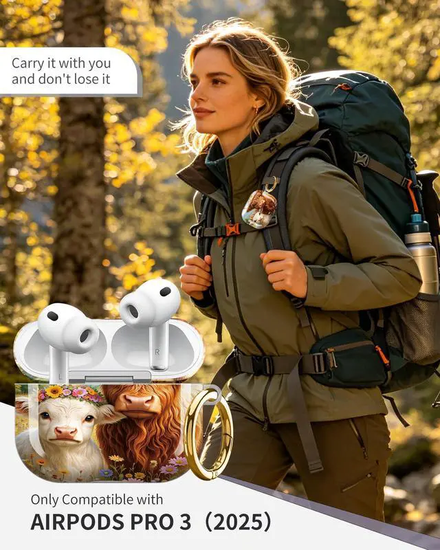 Alt view image 2 of 6 - Compatible with Airpod Pro 3rd Gen Case 2025,Anti-Drop Cover with Keychain,Artistic Multi-Pattern Protective Shell for Daily Commute,Workout&Gifting(Floral Crowned Cows in Meadow Scene)
