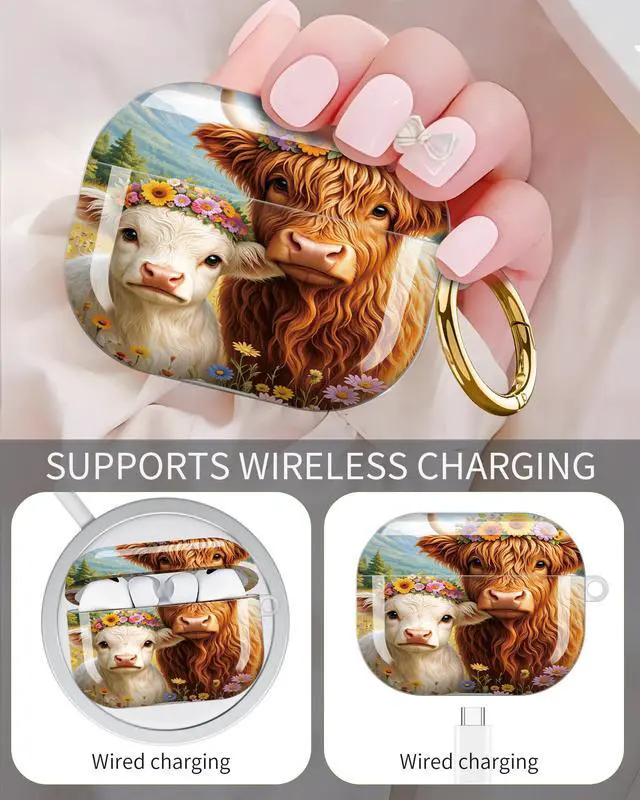 Alt view image 3 of 6 - Compatible with Airpod Pro 3rd Gen Case 2025,Anti-Drop Cover with Keychain,Artistic Multi-Pattern Protective Shell for Daily Commute,Workout&Gifting(Floral Crowned Cows in Meadow Scene)