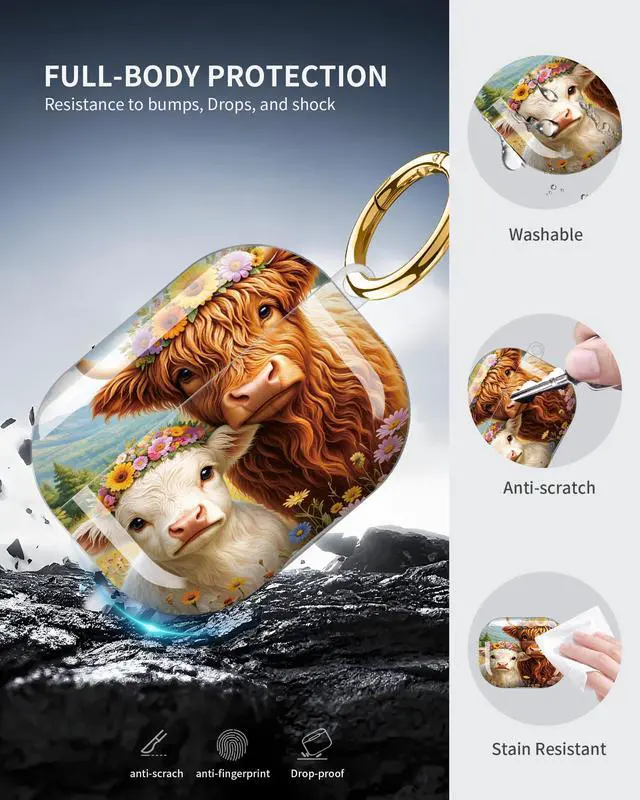 Alt view image 5 of 6 - Compatible with Airpod Pro 3rd Gen Case 2025,Anti-Drop Cover with Keychain,Artistic Multi-Pattern Protective Shell for Daily Commute,Workout&Gifting(Floral Crowned Cows in Meadow Scene)