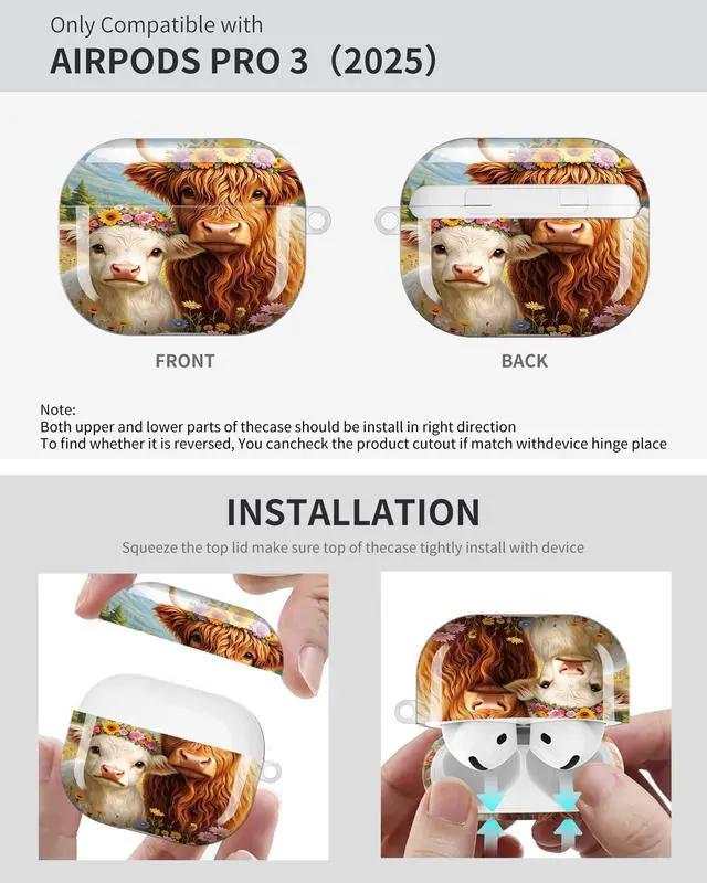 Alt view image 6 of 6 - Compatible with Airpod Pro 3rd Gen Case 2025,Anti-Drop Cover with Keychain,Artistic Multi-Pattern Protective Shell for Daily Commute,Workout&Gifting(Floral Crowned Cows in Meadow Scene)