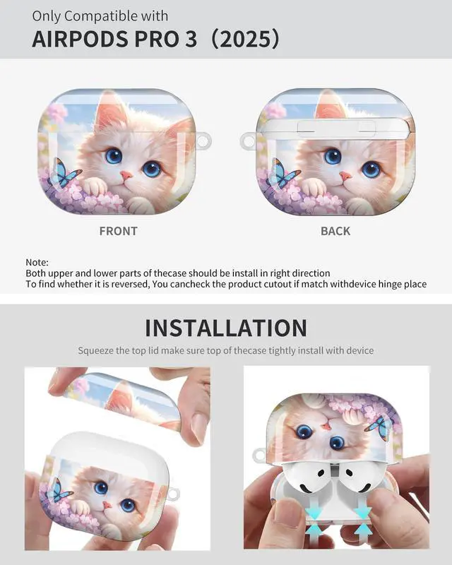 Alt view image 6 of 6 - Compatible with Airpod Pro 3rd Gen Case 2025,Anti-Drop Cover with Keychain,Artistic Multi-Pattern Protective Shell for Daily Commute,Workout&Gifting(Cute Cat Butterflies Flowers Spring Sky)