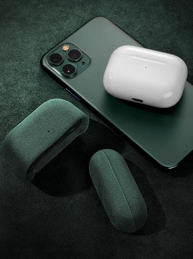 Alt view image 4 of 5 - Suede Microfiber Leather Headphone Case Full Wrap Handmade Cover for AirPods (Dark Green, Airpod Pro 3rd Generation)