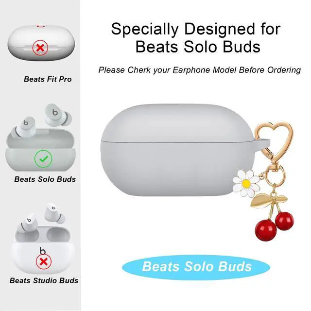 Alt view image 2 of 7 - Case for Beats Solo Buds Case Cover, Soft Silicone Protective with Cute Cherry Daisy Flower Charm Keychain Accessories for New Beats Solo Charging Case for Women Men Grey