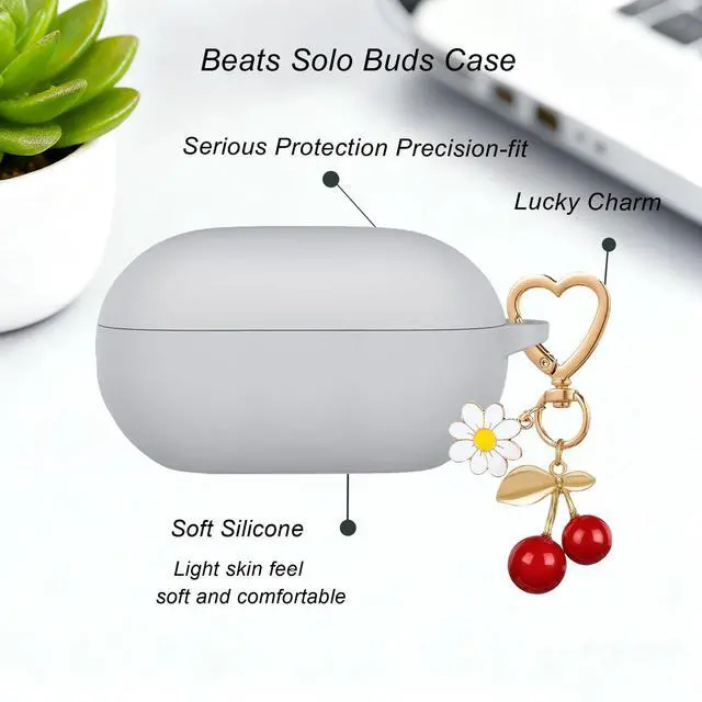 Alt view image 5 of 7 - Case for Beats Solo Buds Case Cover, Soft Silicone Protective with Cute Cherry Daisy Flower Charm Keychain Accessories for New Beats Solo Charging Case for Women Men Grey