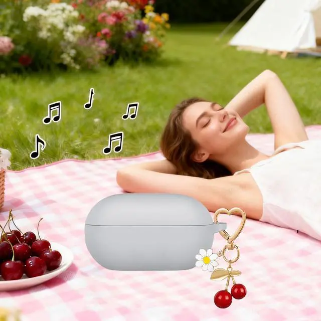 Alt view image 7 of 7 - Case for Beats Solo Buds Case Cover, Soft Silicone Protective with Cute Cherry Daisy Flower Charm Keychain Accessories for New Beats Solo Charging Case for Women Men Grey
