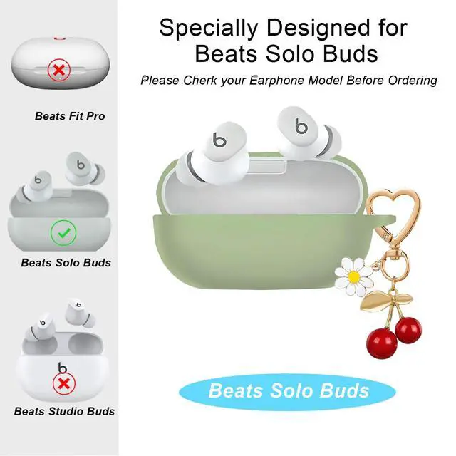 Alt view image 2 of 7 - for Beats Solo Buds Case Cover, Soft Silicone Skin Cover Shockproof Protective Case with Cute Cherry Daisy Flower Charm Keychain Accessories for New Beats Solo Charging Case Cactus Green