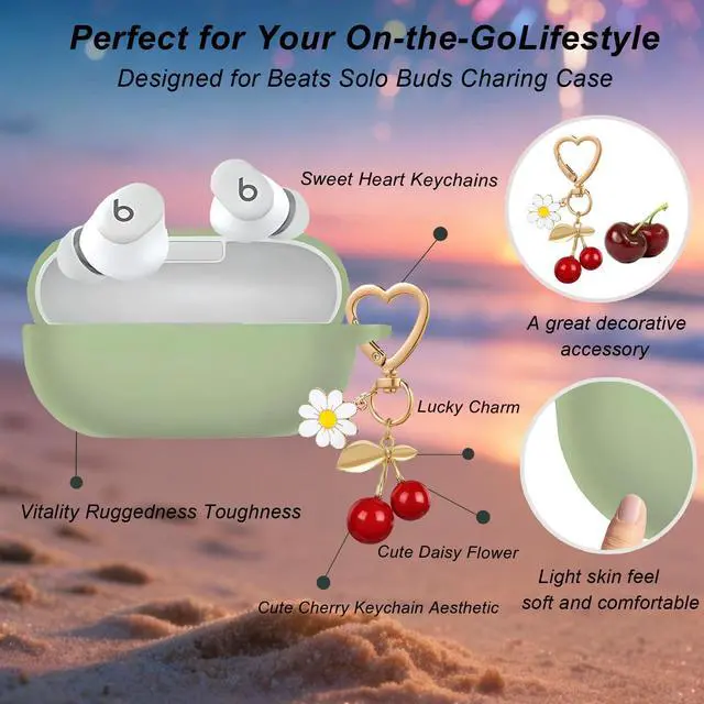 Alt view image 5 of 7 - for Beats Solo Buds Case Cover, Soft Silicone Skin Cover Shockproof Protective Case with Cute Cherry Daisy Flower Charm Keychain Accessories for New Beats Solo Charging Case Cactus Green
