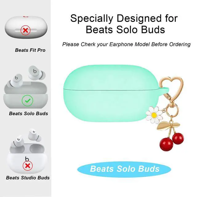 Alt view image 2 of 7 - Case Cover for Beats Solo Buds with Cute Cherry Daisy Flower Charm Keychain, Soft Silicone Skin Shockproof Protective Accessories for New Beats Solo Charging Case Mint Green