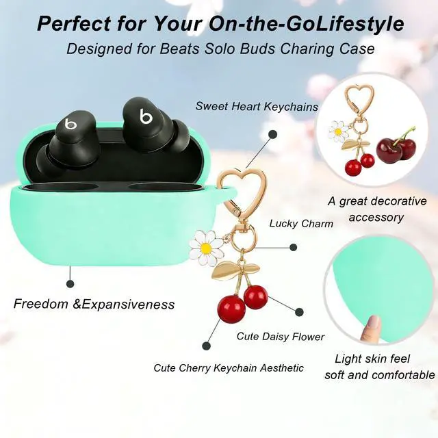 Alt view image 4 of 7 - Case Cover for Beats Solo Buds with Cute Cherry Daisy Flower Charm Keychain, Soft Silicone Skin Shockproof Protective Accessories for New Beats Solo Charging Case Mint Green