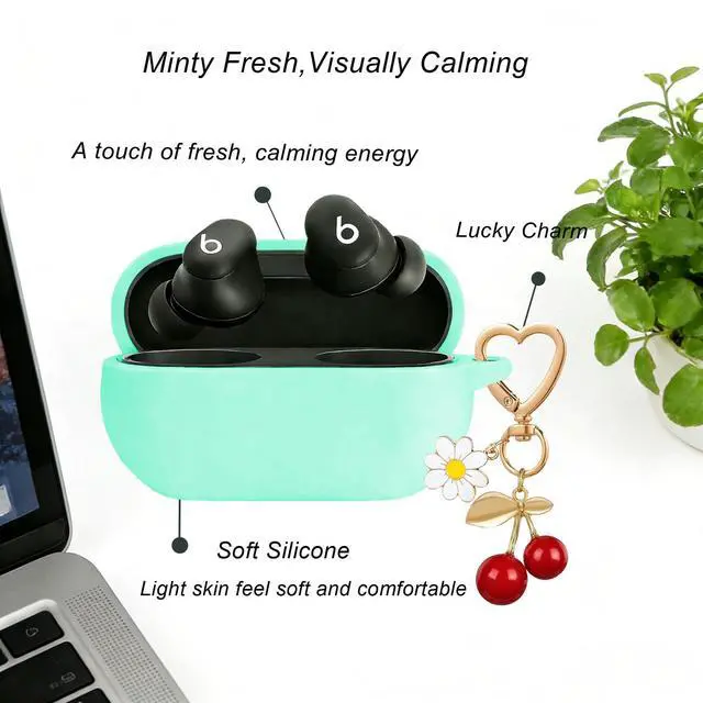 Alt view image 5 of 7 - Case Cover for Beats Solo Buds with Cute Cherry Daisy Flower Charm Keychain, Soft Silicone Skin Shockproof Protective Accessories for New Beats Solo Charging Case Mint Green