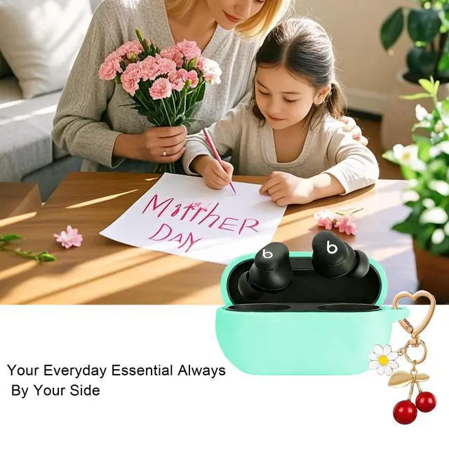 Alt view image 7 of 7 - Case Cover for Beats Solo Buds with Cute Cherry Daisy Flower Charm Keychain, Soft Silicone Skin Shockproof Protective Accessories for New Beats Solo Charging Case Mint Green