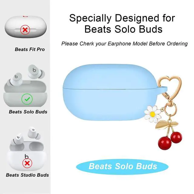 Alt view image 2 of 7 - Case Cover for Beats Solo Buds with Cute Cherry Daisy Flower Charm Keychain, Soft Silicone Skin Shockproof Protective Accessories for New Beats Solo Charging Case Sky Blue