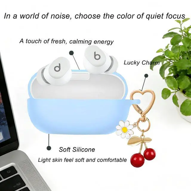 Alt view image 5 of 7 - Case Cover for Beats Solo Buds with Cute Cherry Daisy Flower Charm Keychain, Soft Silicone Skin Shockproof Protective Accessories for New Beats Solo Charging Case Sky Blue