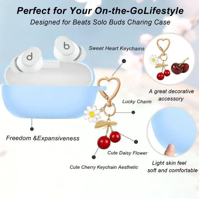 Alt view image 4 of 7 - Case Cover for Beats Solo Buds with Cute Cherry Daisy Flower Charm Keychain, Soft Silicone Skin Shockproof Protective Accessories for New Beats Solo Charging Case Sky Blue