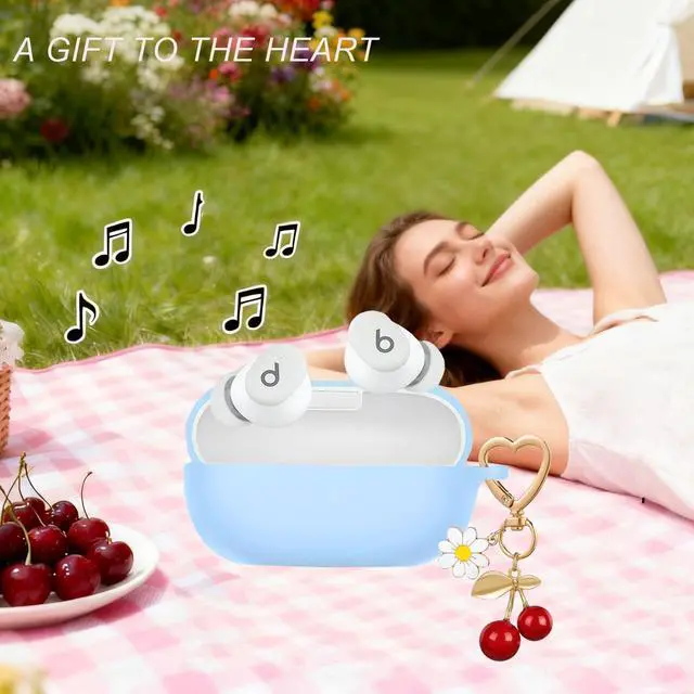 Alt view image 7 of 7 - Case Cover for Beats Solo Buds with Cute Cherry Daisy Flower Charm Keychain, Soft Silicone Skin Shockproof Protective Accessories for New Beats Solo Charging Case Sky Blue