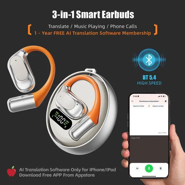 Alt view image 3 of 7 - Translation Earbuds Real time Bluetooth 5.4, 3-in-1 Translating Headphones | Wireless Earbuds Bluetooth Headphones for Learning Travel Business, with 1-Year Free Translation App (144 Languages)