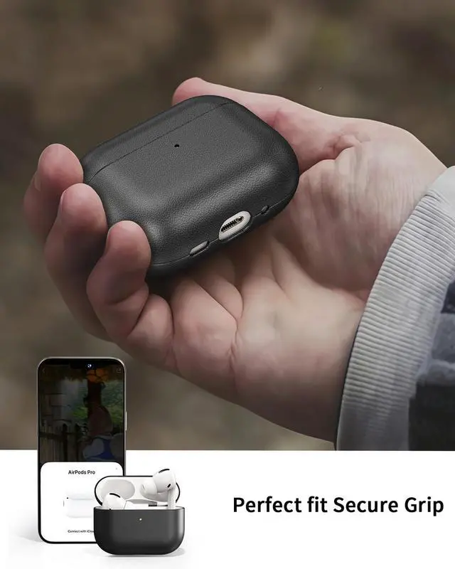 Alt view image 6 of 7 - Leather Design for AirPods Pro 3 Case, Compatible with AirPods Pro 3rd Generation (2025), Handmade, Fully-Wrapped with Top Grain Leather, Supports Wireless Charging, Black