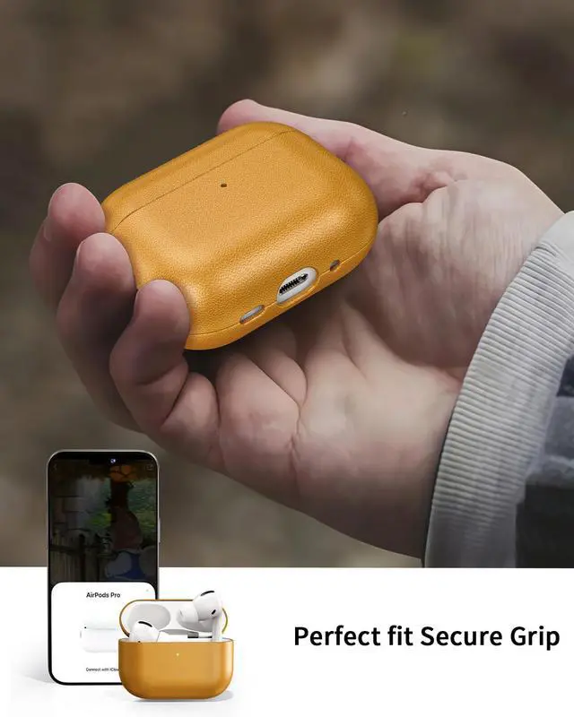Alt view image 6 of 7 - Leather Design for AirPods Pro 3 Case, Compatible with AirPods Pro 3rd Generation (2025), Handmade, Fully-Wrapped with Top Grain Leather, Supports Wireless Charging, Yellow