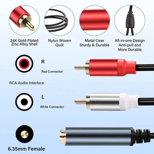 Alt view image 2 of 6 - 6.35mm Stereo to 2RCA Audio Cable1/4 Inch Female to Dual RCA Male Audio Y Splitter Cable 1/4 inch TRS Jack to 2 RCA Plug Connector Wire Cord for Amplifier Microphone 30CM(2Pcs)