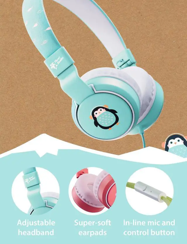 Alt view image 4 of 6 - Kids Headphones with Cord, Penguin Design, 85dB Volume Ltd | Wired Headphones for Toddler Boys & Girls Ages 3+, Foldable On-Ear, Stereo Sound with Mic, 3.5mm Jack, School & Travel