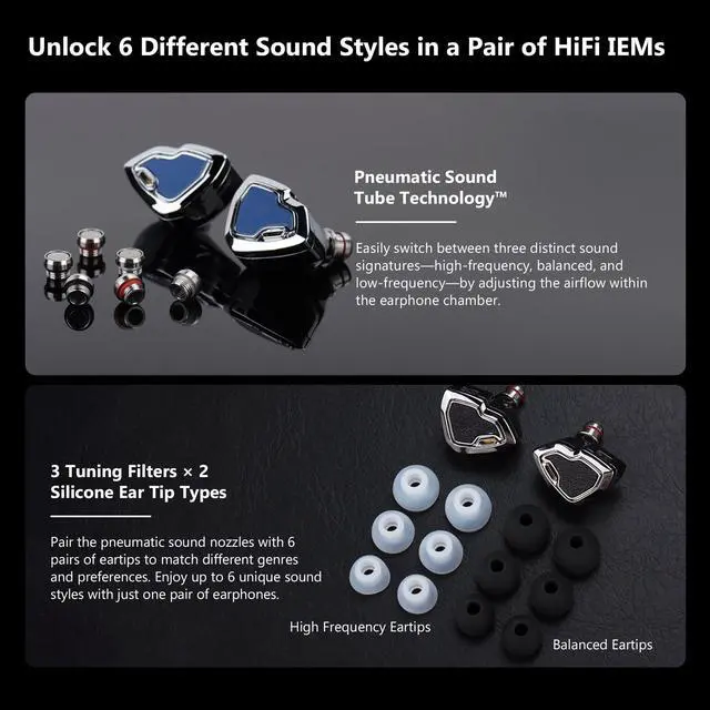 Alt view image 4 of 6 - MS2 PRO in-Ear Monitor, 10.2mm Dual-Magnetic Drivers 1DD+1BA Hybird IEMs Wired Earbuds, Zinc Alloy Integrated Molding, Pneumatic Filters for Audiophile Musicians, Detachable 4.4mm OFC Cable