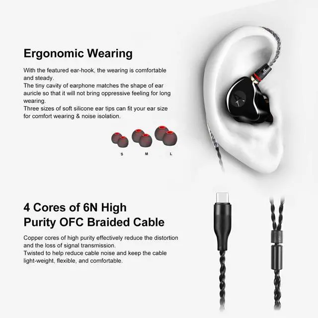 Alt view image 4 of 6 - Dynamic Banlance in-Ear Earphone 2DD HiFi Headset in Ear Monitors Headphones Wired Earbuds IEM Earphones Gaming EarbudsBlack Type-C Without mic