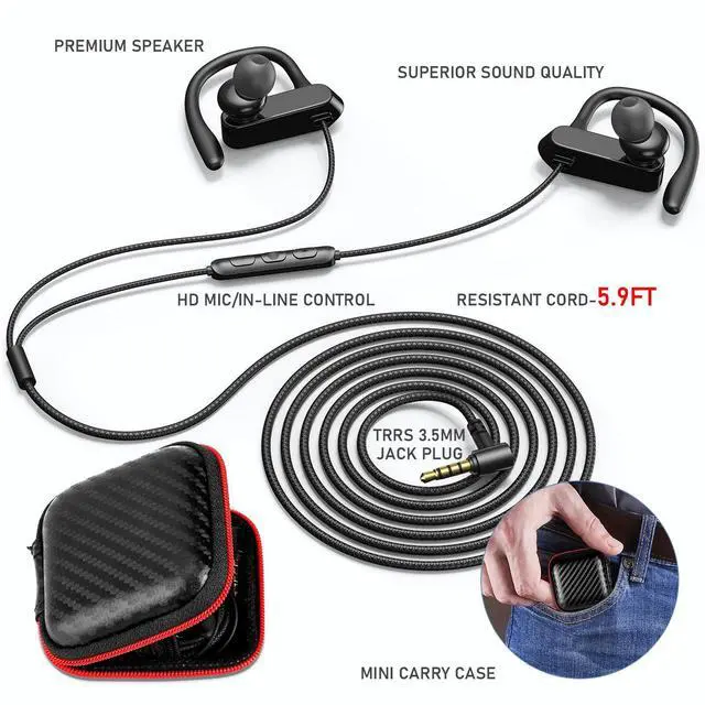 Alt view image 5 of 7 - 5.9 ft Long Cord 3.5mm Headphones Sport Wired Earbuds with Mic | Earphone Stereo Over Ear Buds Wired Plug in with Ear Hook for Samsung Galaxy A25 A03s A15 S10 A12 for Switch/Laptop/PC