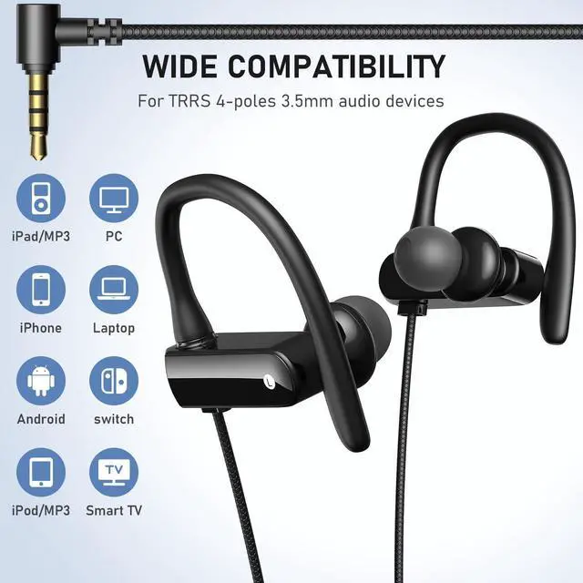 Alt view image 3 of 7 - 5.9 ft Long Cord 3.5mm Headphones Sport Wired Earbuds with Mic | Earphone Stereo Over Ear Buds Wired Plug in with Ear Hook for Samsung Galaxy A25 A03s A15 S10 A12 for Switch/Laptop/PC