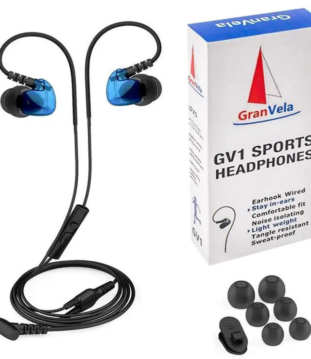 Main image of GV1 HD Sports in-Ear Headphones, IPX5 Waterproof Running Earbuds Wired with Mic, Phone-Call Answering,Memory Wire Earhook and Clip - Blue