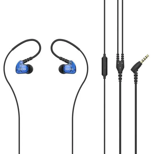Alt view image 6 of 7 - GV1 HD Sports in-Ear Headphones, IPX5 Waterproof Running Earbuds Wired with Mic, Phone-Call Answering,Memory Wire Earhook and Clip - Blue