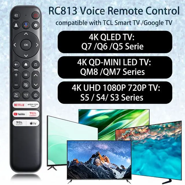 Alt view image 2 of 7 - Voice Remote Control RC813 New Replacement Compatible with TCL Google TV Compatible with FHD HDR LED QLED QD-Mini 4K UHD Smart TVs S3/S4/S5/Q5/Q6/Q7/QM7/QM8 Series