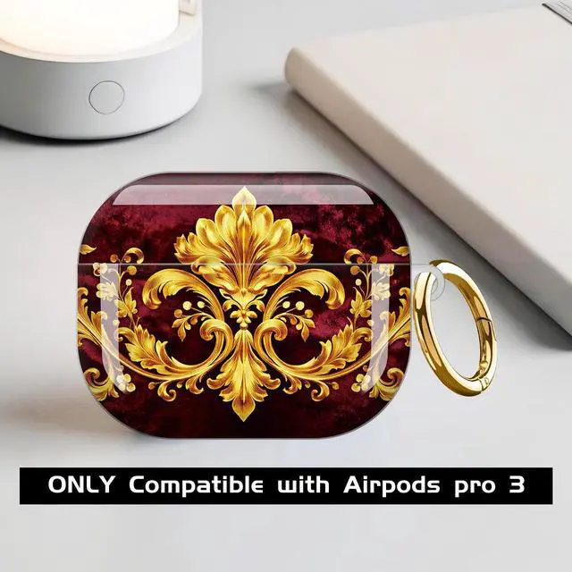 Alt view image 3 of 7 - Compatible with AirPod Pro 3 Case,Shockproof Protective Cover with Keychain, Wireless Charging Case Perfect for Women, Trendy Design for AirPod Pro 3rd Generation(Golden Ornate Floral)
