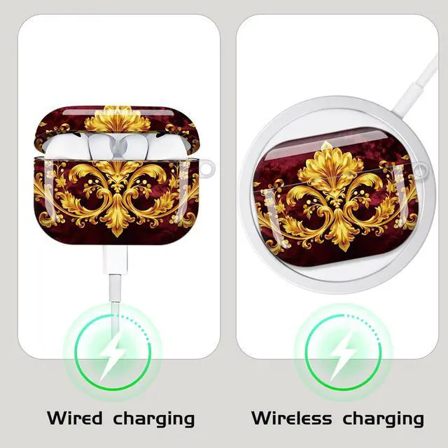 Alt view image 4 of 7 - Compatible with AirPod Pro 3 Case,Shockproof Protective Cover with Keychain, Wireless Charging Case Perfect for Women, Trendy Design for AirPod Pro 3rd Generation(Golden Ornate Floral)