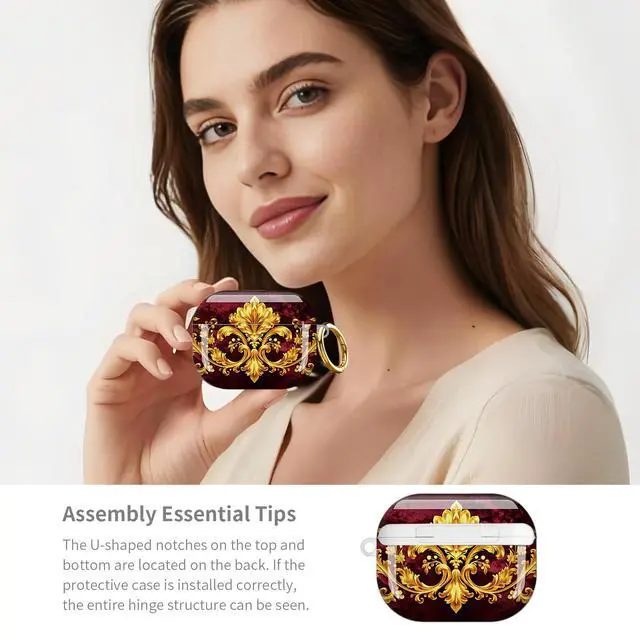 Alt view image 6 of 7 - Compatible with AirPod Pro 3 Case,Shockproof Protective Cover with Keychain, Wireless Charging Case Perfect for Women, Trendy Design for AirPod Pro 3rd Generation(Golden Ornate Floral)