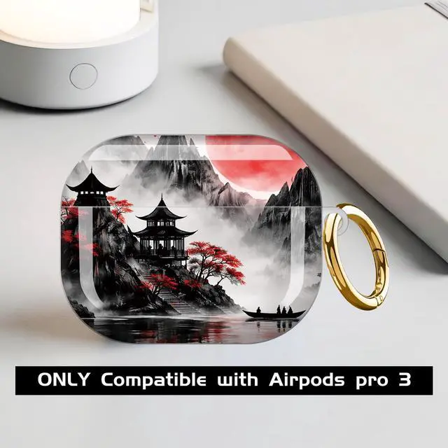 Alt view image 3 of 7 - Compatible with AirPod Pro 3 Case,Shockproof Protective Cover with Keychain, Wireless Charging Case Perfect for Women, Trendy Design for AirPod Pro 3rd Generation(Red Moon Mountain)