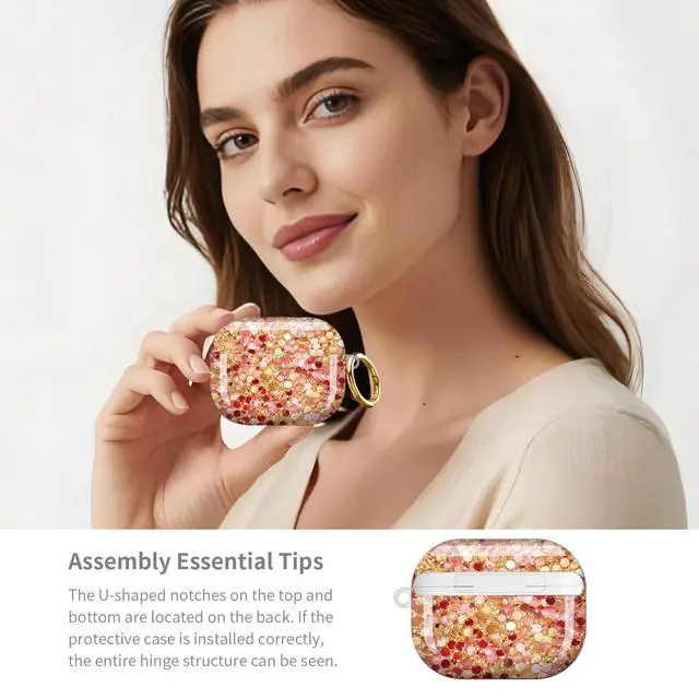 Alt view image 6 of 7 - Compatible with AirPod Pro 3 Case,Shockproof Protective Cover with Keychain, Wireless Charging Case Perfect for Women, Trendy Design for AirPod Pro 3rd Generation(Golden Pink Red)