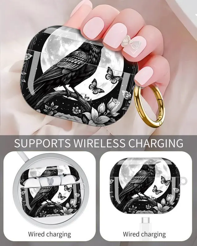 Alt view image 3 of 6 - Compatible with Airpod Pro 3rd Gen Case 2025,Anti-Drop Cover with Keychain,Artistic Multi-Pattern Protective Shell for Daily Commute,Workout&Gifting(Raven Moon Butterflies Rose Floral Frame)