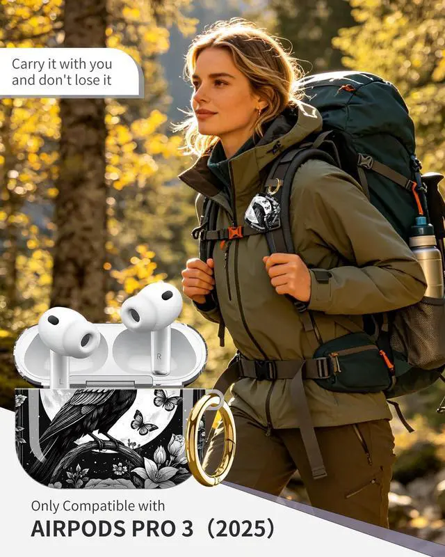 Alt view image 2 of 6 - Compatible with Airpod Pro 3rd Gen Case 2025,Anti-Drop Cover with Keychain,Artistic Multi-Pattern Protective Shell for Daily Commute,Workout&Gifting(Raven Moon Butterflies Rose Floral Frame)
