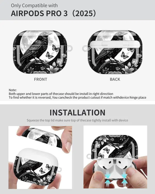 Alt view image 6 of 6 - Compatible with Airpod Pro 3rd Gen Case 2025,Anti-Drop Cover with Keychain,Artistic Multi-Pattern Protective Shell for Daily Commute,Workout&Gifting(Raven Moon Butterflies Rose Floral Frame)