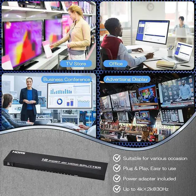 Alt view image 6 of 6 - 4K HDMI Splitter 1 in 12 Out, Powered HDMI Distributor Support 4Kx2K@30Hz Full HD for PC Laptop PS4 Xbox HDTV Office Home Teaching