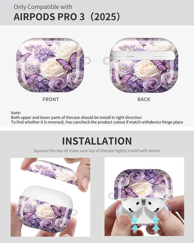 Alt view image 6 of 6 - Compatible with Airpod Pro 3rd Gen Case 2025,Anti-Drop Cover with Keychain,Artistic Multi-Pattern Protective Shell for Daily Commute,Workout&Gifting(Butterfly Roses Lavender Flowers Spring)