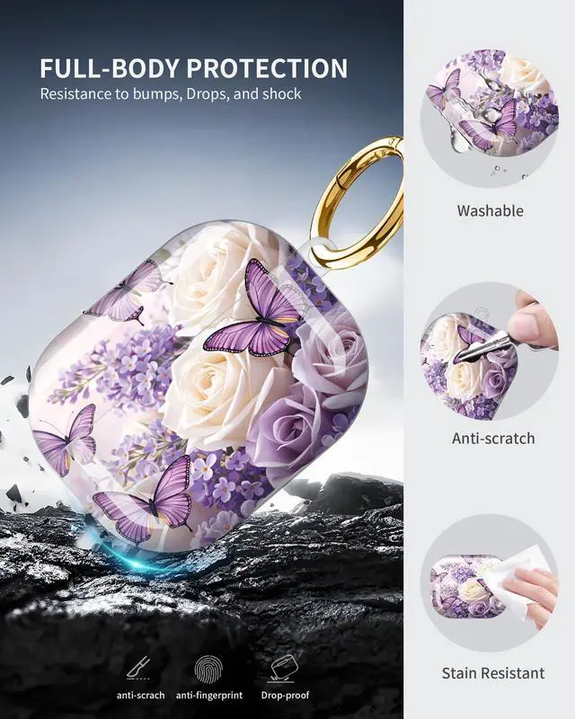 Alt view image 5 of 6 - Compatible with Airpod Pro 3rd Gen Case 2025,Anti-Drop Cover with Keychain,Artistic Multi-Pattern Protective Shell for Daily Commute,Workout&Gifting(Butterfly Roses Lavender Flowers Spring)