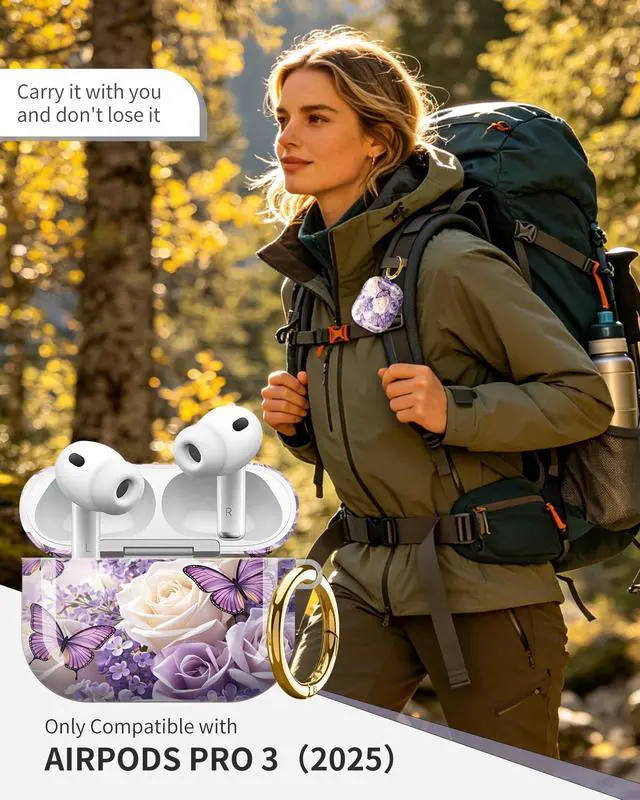 Alt view image 2 of 6 - Compatible with Airpod Pro 3rd Gen Case 2025,Anti-Drop Cover with Keychain,Artistic Multi-Pattern Protective Shell for Daily Commute,Workout&Gifting(Butterfly Roses Lavender Flowers Spring)