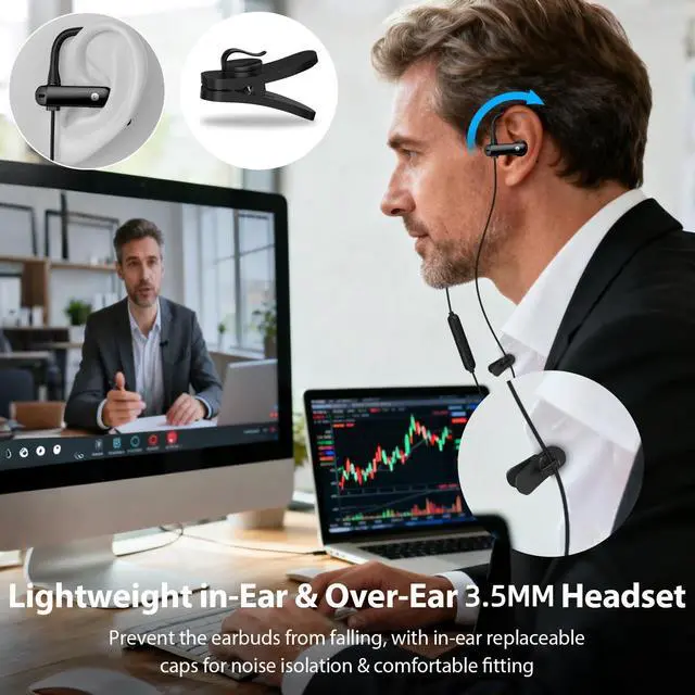 Alt view image 3 of 6 - Wired Earbuds 3.5mm Jack 5.9FT Over Ear Hook Black | Computer Headset in-Ear Noise Isolation PC Headphone for Chromebook/Notebook Office School Laptop Desktop/Samsung A15 A14 A13