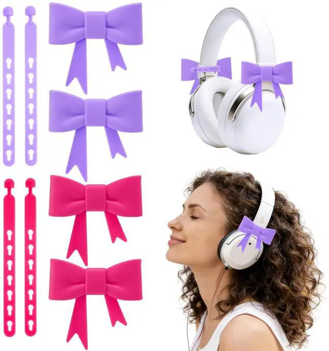 Main image of 4 Pack Silicone Bow Decor Headphone Accessories, 3D Cute Earphone Accessories for Women Girls, Gamer Gift for Christmas,Gamer Girl Headphones Accessories-Purple+Rose